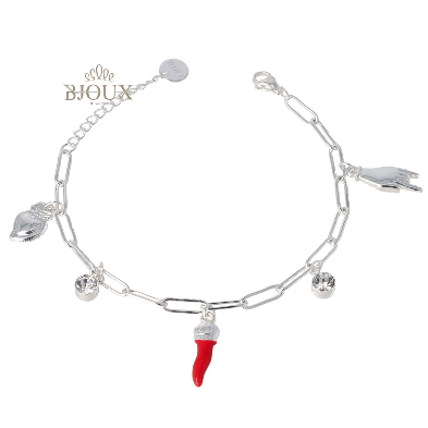 Bracciale acciaio effetto silver con corno rosso